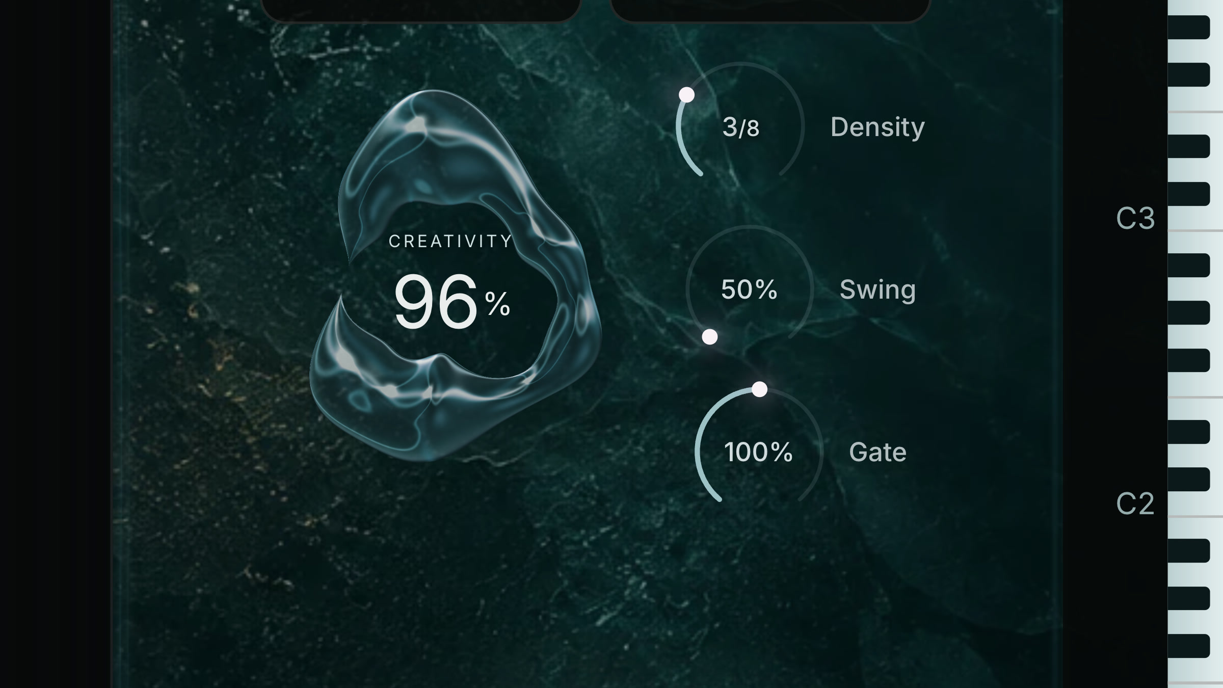 The Creativity orb at 96% next to the Density, Swing and Gate knobs